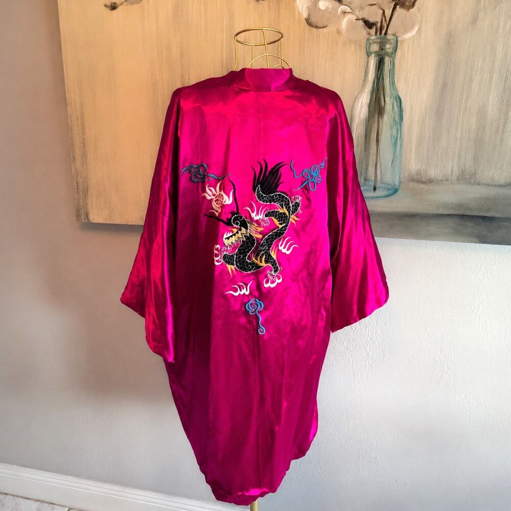 Dragon Embroidered Satin Kimono Robe Fuchsia Japanese Style Haori Unisex